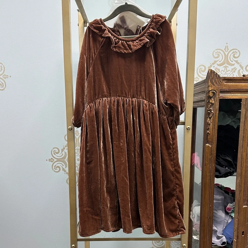 Velvet Kids Dress in Warm Brown - Picture 1 of 5
